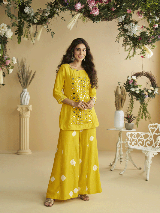 Yellow Real Silk Mirror Embroidered Kurta Palazzo Set for Women