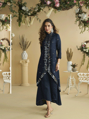 Navy Blue Real Silk Mirror Work Kurta Palazzo Set for Women