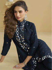 Navy Blue Real Silk Mirror Work Kurta Palazzo Set for Women
