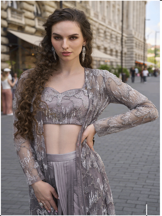 Grey Embroidered Work Crepe Silk Readymade Salwar Suit