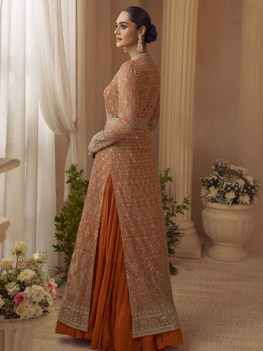 Orange Trendy Jacket Style Wedding Look Anarkali Suit