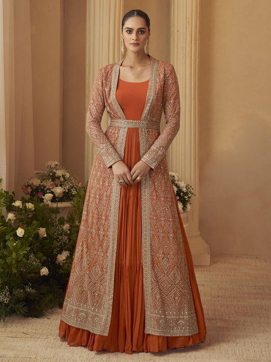 Orange Trendy Jacket Style Wedding Look Anarkali Suit
