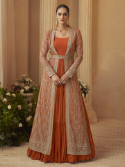 Orange Trendy Jacket Style Wedding Look Anarkali Suit