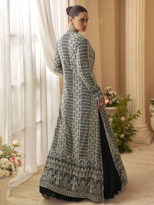 Embroidered Chinon Chiffon Gown in Black