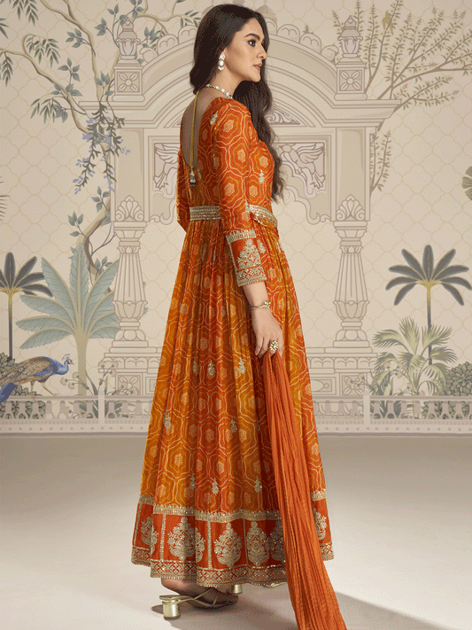 Orange Chinon Embroidered, Print and Sequins Work