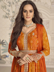 Orange Chinon Embroidered, Print and Sequins Work