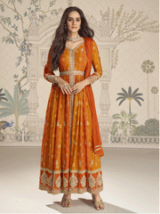 Orange Chinon Embroidered, Print and Sequins Work