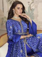 Blue Chinon Embroidered, Print and Sequins Work Pant Style Suit