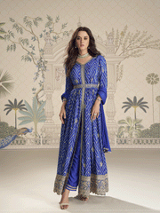 Blue Chinon Embroidered, Print and Sequins Work Pant Style Suit