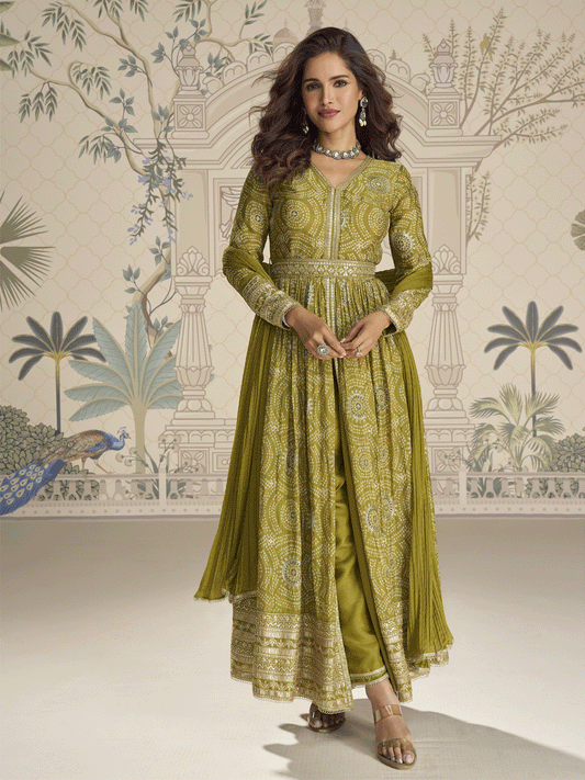 Green Chinnon Silk Slit Frock Style Anarkali Dress