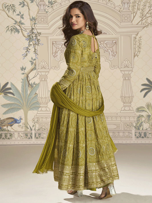 Green Chinnon Silk Slit Frock Style Anarkali Dress