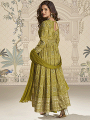 Green Chinnon Silk Slit Frock Style Anarkali Dress