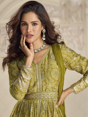 Green Chinnon Silk Slit Frock Style Anarkali Dress