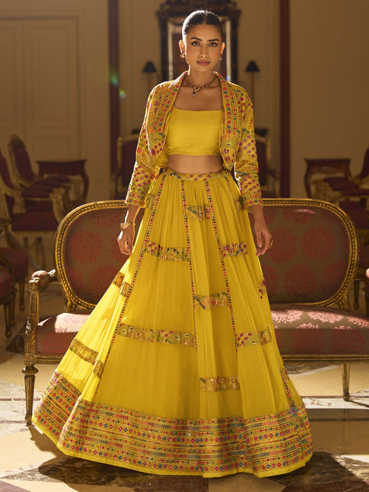 Excellent Yellow Georgette Lehenga Choli with Embroidered Work