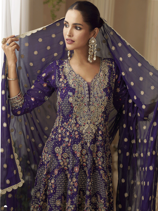 Deep Purple Georgette Zarkan Stone Embroidered Sequins A Line Palazzo Suit Wedding Wear