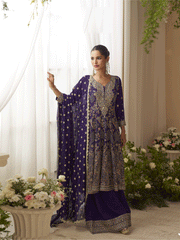 Deep Purple Georgette Zarkan Stone Embroidered Sequins A Line Palazzo Suit Wedding Wear