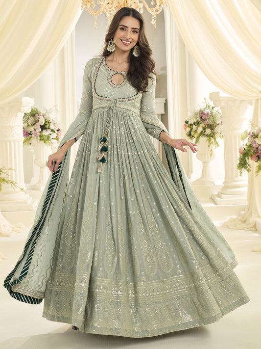 Sage Green Georgette Embroidered Sequins With Mirror Work Abaya Style Anarkali Gown