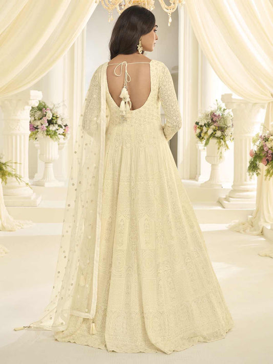 Cream Georgette Embroidered Sequins With Moti Work Abaya Style Anarkali Gown