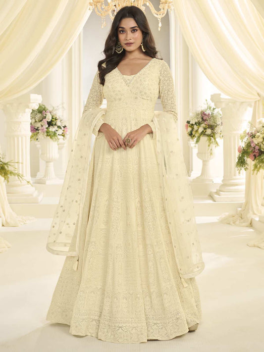 Cream Georgette Embroidered Sequins With Moti Work Abaya Style Anarkali Gown