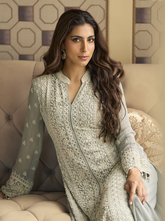 Grey Handwork Embroidery Pant Style Suit