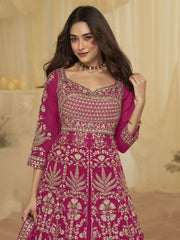 Embroidered Georgette Lehenga Style Suit in Fuchsia