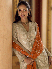 Premium Georgette Orange Heavy Hand Embroidered Dhoti Set