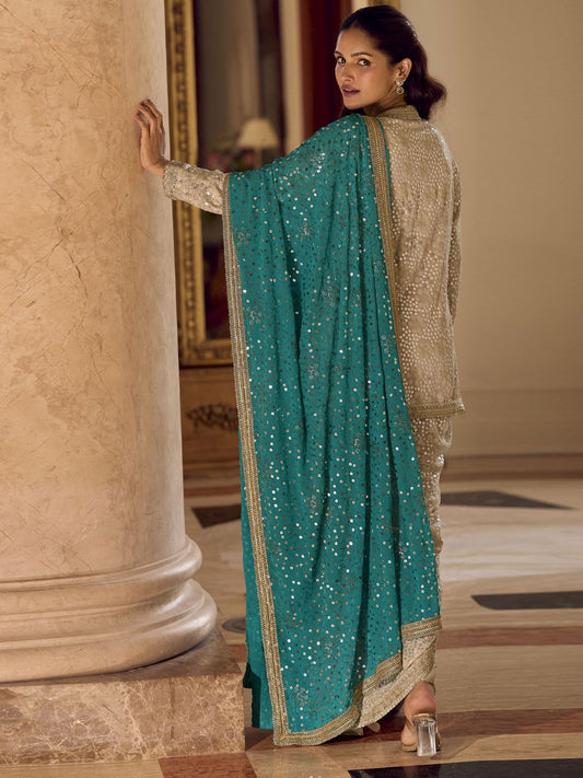 Wonderful Beige Georgette Dhoti Suit With Hand Embroidered Sequins