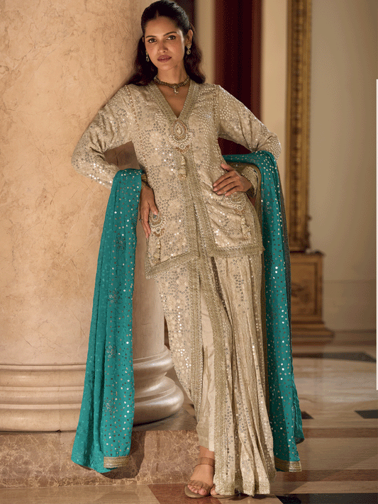 Premium Georgette Teal Heavy Hand Embroidered Dhoti Set