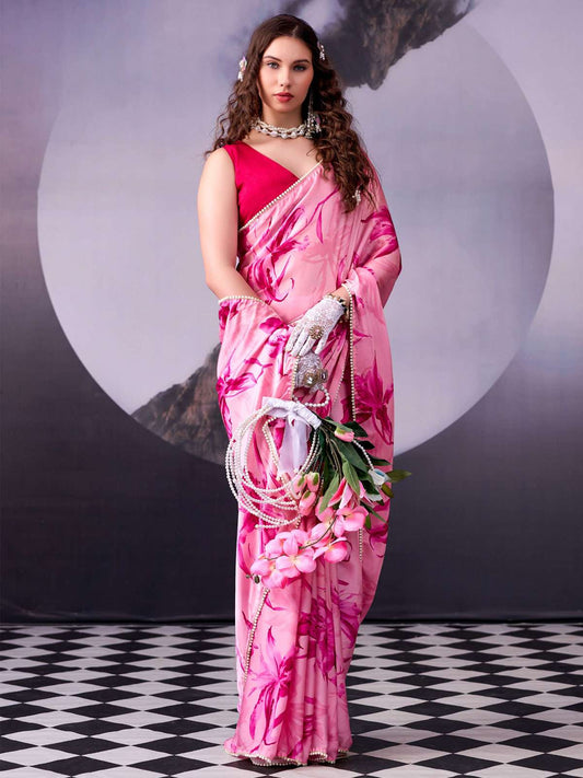 Pink Digital Print Satin Silk Saree