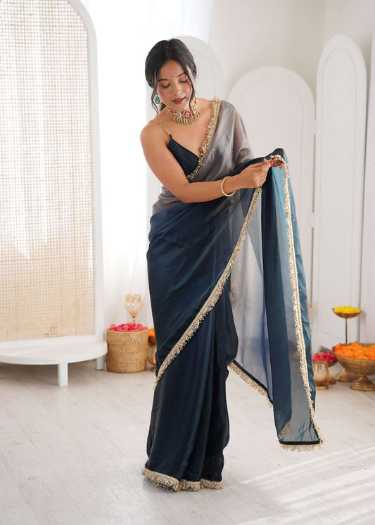 Navy Blue Shaded Satin Lace Work Saree
