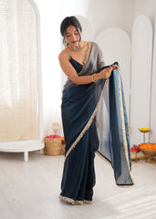 Navy Blue Shaded Satin Lace Work Saree