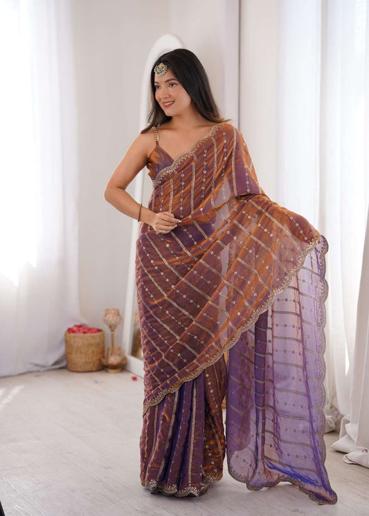 Purple Fendi Satin Sequence Embroidery Saree