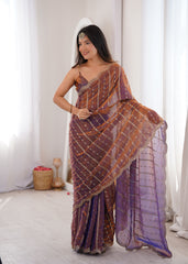 Purple Fendi Satin Sequence Embroidery Saree