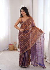 Purple Fendi Satin Sequence Embroidery Saree