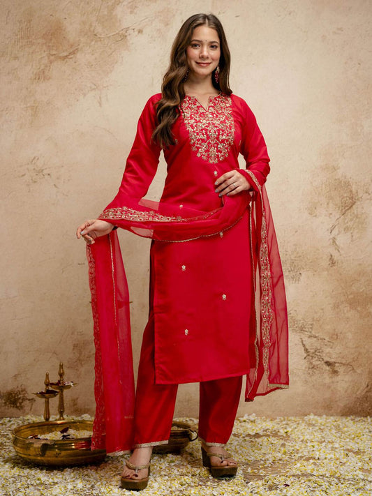 Red Designer Chanderi Cottan Partywear Kurta Set