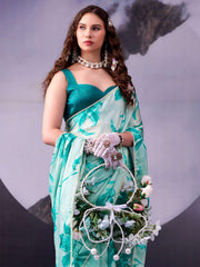 Sky Green Digital Print Satin Silk Saree