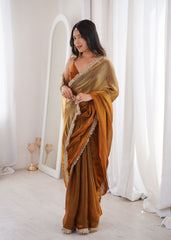 Gold Fendi Satin Lace Work Saree