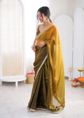 Green and Yellow Shaded Satin Lace Work Saree