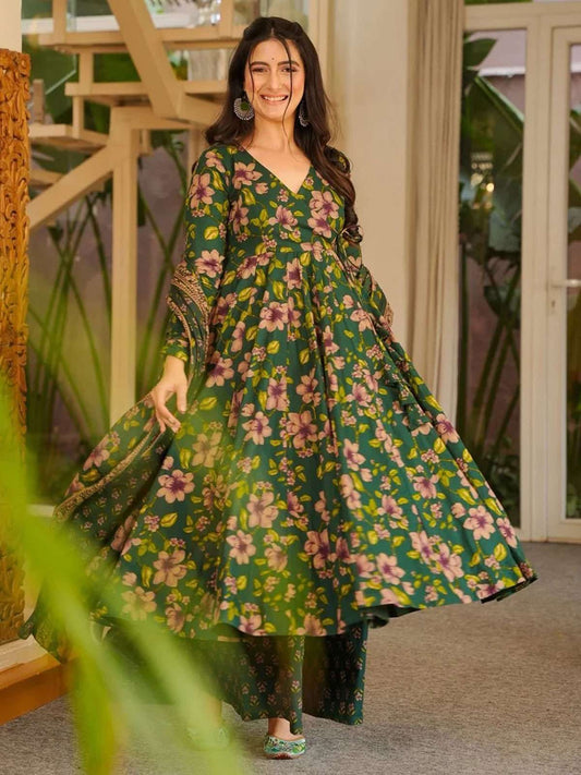 Dark Green Digital Print Cottan Anaraki Style Suit