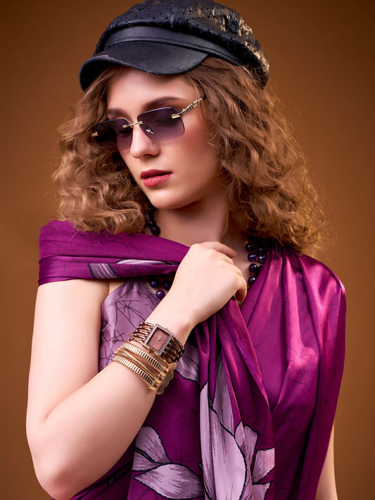 Purple Digital Print Satin Silk Saree