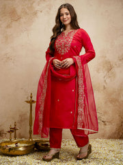 Red Designer Chanderi Cottan Partywear Kurta Set