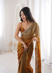Gold Fendi Satin Lace Work Saree