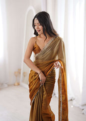 Gold Fendi Satin Lace Work Saree