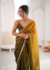 Green and Yellow Shaded Satin Lace Work Saree