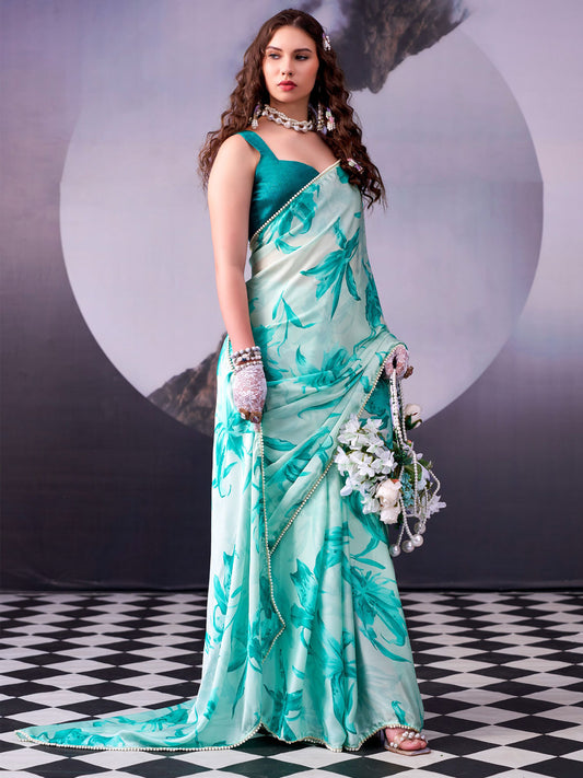 Sky Green Digital Print Satin Silk Saree