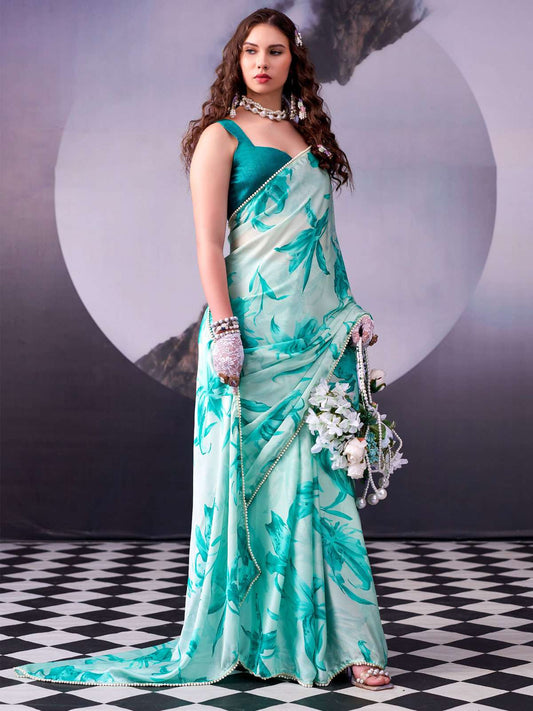 Sky Green Digital Print Satin Silk Saree
