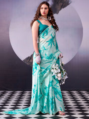 Sky Green Digital Print Satin Silk Saree
