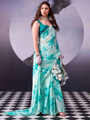 Sky Green Digital Print Satin Silk Saree