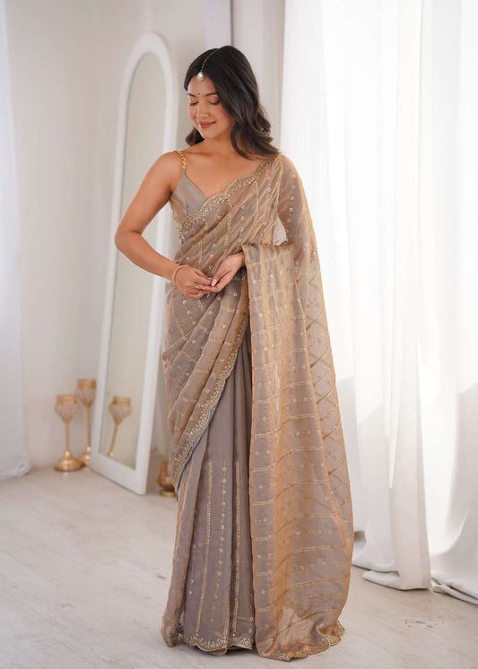 Silver Grey Fendi Satin Sequence Embroidery Saree
