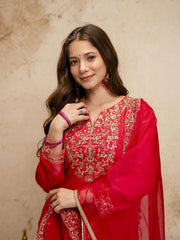 Red Designer Chanderi Cottan Partywear Kurta Set